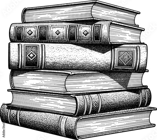 Stacked vintage books, engraved library icon with hand-drawn style