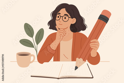 Content writer, blogger or journalist vector concept. Young smart freelance woman with big pencil thinking and writing creative story. Author, editor or copywriter at work.