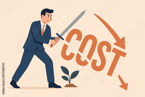 Cost reduction business concept. Businessman with sword cutting expenses to save money. Financial optimization for profit growth. Metaphor for decreasing spending and saving.