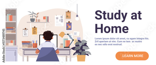 Student studying at desk home learning workspace computer books lamp plant cozy organized background website banner