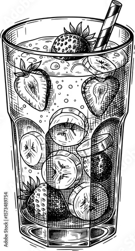 Smoothie in tumbler with fruit bits, fresh drink icon with hand-drawn style