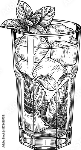 Non-alcoholic mojito in highball glass with ice and mint, refreshment icon with hand-drawn style