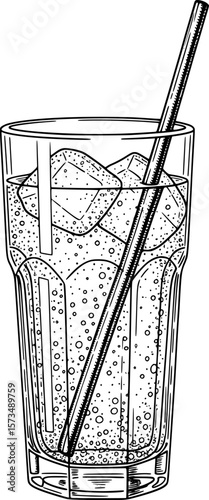Tall glass of soda with bubbles and metal straw, refreshment icon with hand-drawn style