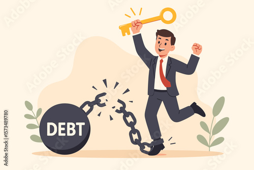 Debt free and financial freedom concept. Happy businessman with golden key breaking chains. Solution to pay off loan or mortgage. Investment success to solve money problems.