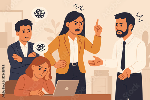 Concept of conflict with a difficult person or bossy manager. Frustrated business people dealing with a toxic colleague. Arguing and trouble employee creating stress.