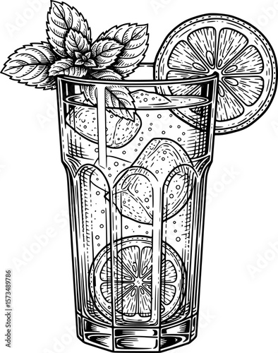 Tall glass of lemonade with lemon slice and mint leaves, refreshment icon with hand-drawn style