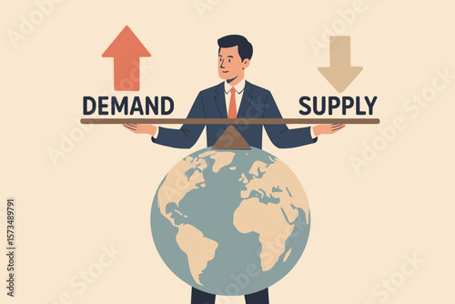Demand versus supply balance on seesaw. World economic problem. Global supply chain crisis. Market pricing model for goods. Cost and retail inflation concept. Businessman.