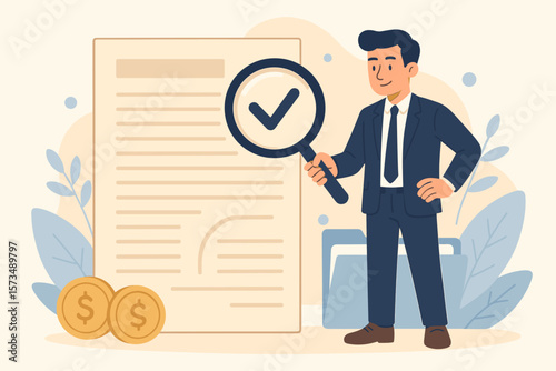Document checking and contract validation concept. Businessman with magnifying glass performs financial audit and budget analysis. Agreement review, data verification, due diligence.