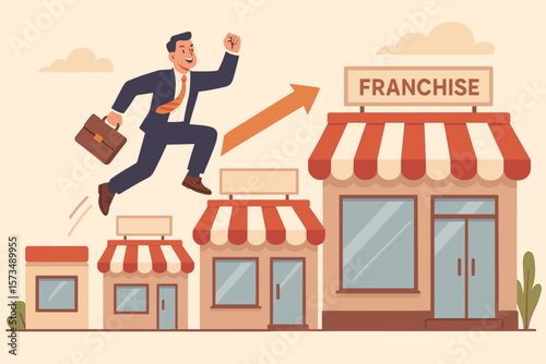 Businessman Leaping to Franchise Success, Business Growth, Expanding Retail Storefront, Franchise License Opportunity, Marketing Strategy, Achieving Business Goals