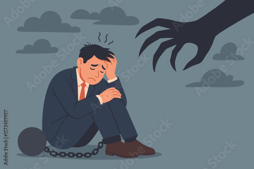 Fear of Failure, Anxiety, Depression, Burnout, Negative Thinking, Mental Health Struggle, Businessman Chained, Stress, Phobia, Dark Shadow, Psychological Disorder Concept