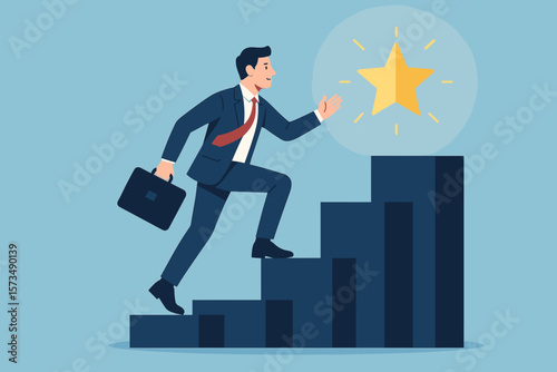 Ambitious businessman climbing stairs to success, reaching career goal, motivation and achievement concept, professional growth, reward, leadership, business development vector