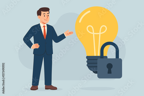Intellectual property protection, patent, copyright, trademark concept. Businessman with locked light bulb idea. Innovation security, exclusive rights, no copying allowed