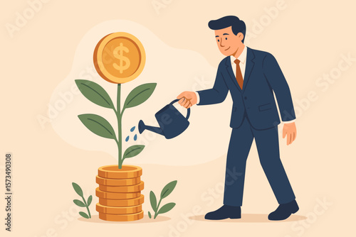 Businessman Investor Watering Money Plant for Wealth Growth, Investment Profit Increase, Financial Success, Savings Management, Mutual Fund, Pension Fund, Economic Growth Concept