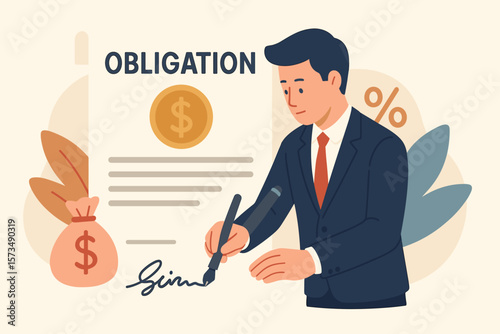 Businessman Signing Loan Obligation Document, Debt Agreement, Financial Contract, Legal Money Borrowing, Interest Rate, Signature, Bank Credit, Responsibility, Finance Concept