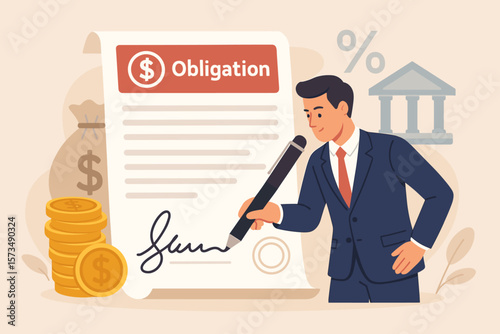 Businessman Signing Bank Loan Obligation Document, Debt Repayment Agreement, Legal Money Credit, Borrowing Contract, Interest Rate, Financial Responsibility, Signature Concept