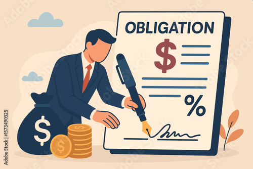 Businessman signing a loan agreement, financial obligation concept. Debt responsibility with interest rate. Legal credit or borrowing document with signature for money.