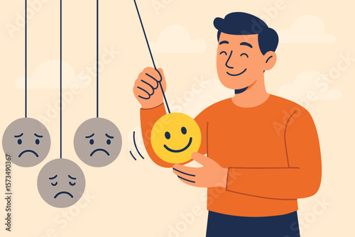 Optimism and positive thinking inspiring happiness. Emotional intelligence metaphor. Man holding smile face pendulum. Balance between sad and happy emotions. Choose a good mood.