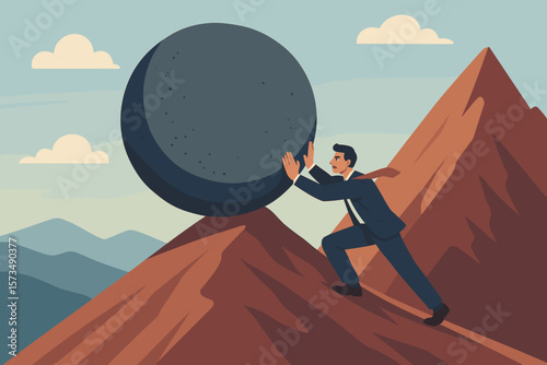 Perseverance, grit, persistence, resilience and strength to overcome obstacles, determined businessman pushing large boulder uphill, ambition, effort, achieving success, challenge concept