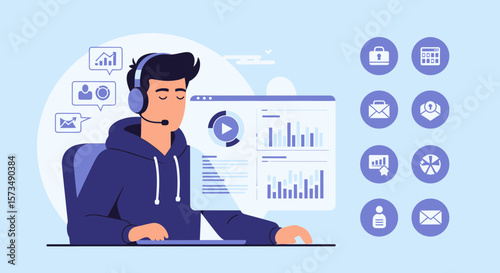 Operator Analyzing Data On Screen With Customer Service Related Icons