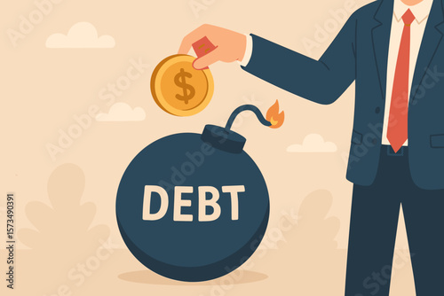 Businessman hand putting coin in a debt bomb metaphor. Financial crisis and risk concept. Paying off loan, credit. Urgent money decision for liability relief and payment.