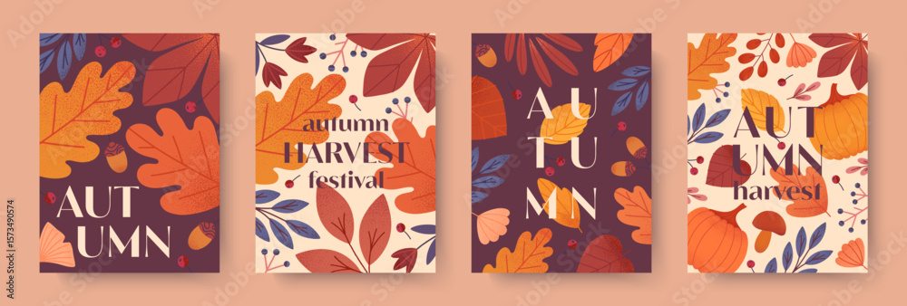 Obraz premium Autumn harvest festival posters with pumpkins,leaves,mushrooms,berries,plants,foliage.Vector harvest fest illustrations.Trendy seasonal fall templates for prints,ad,smm,banners,invitations,covers