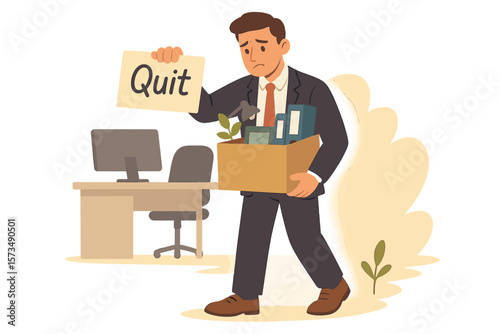 Businessman quitting job, resignation or career change, leaving office with box, employee termination, unemployment, burnout, dissatisfaction, layoff exit concept illustration