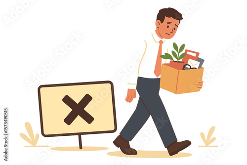 Businessman Layoff Concept. Employee Termination, Job Loss, Unemployment, Resignation, Office Worker Leaving Company with Box, Career Change, Burnout, Dissatisfaction, Dismissal
