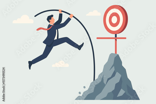 Businessman Pole Vaulting Over Mountain to Target, Achieving Success, Overcoming Obstacles, Reaching Goals, Winning Competition, Performance, Skill, Achievement Concept