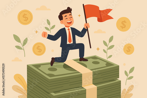 Happy businessman reaching financial freedom. Investment goal or income target concept. Wealth planning achievement. Prosperity and financial independence metaphor with man on money.