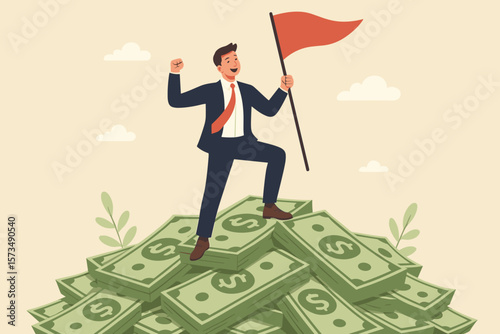 Successful businessman celebrating financial freedom, achieving investment goals, wealth planning, prosperity, financial independence, income target, standing on money pile, victory flag