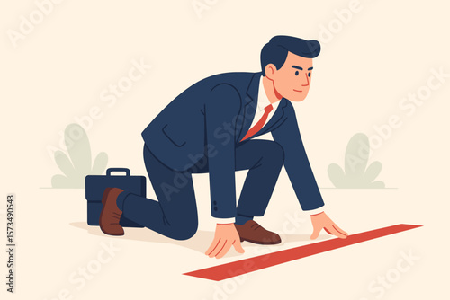Confident businessman in suit at starting line ready to begin new job or business, motivation, career preparation, determination, focus, ambition, opportunity, success concept