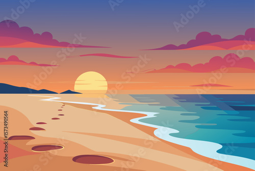 Serene Sunset Beach Footprints in the Sand at Golden Hour