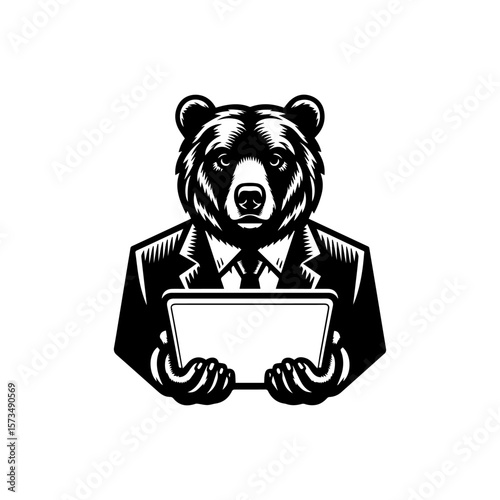 A stylized illustration of a bear wearing a suit, holding a tablet.