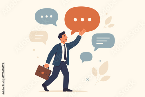 Businessman holding briefcase engaging in professional conversation, requirement gathering, meeting summary, client opinion, effective business communication, message exchange