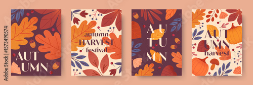 Autumn harvest festival posters with pumpkins,leaves,mushrooms,berries,plants,foliage.Vector harvest fest illustrations.Trendy seasonal fall templates for prints,ad,smm,banners,invitations,covers