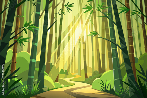 Sunlit Path Through Lush Bamboo Forest A Serene Nature Escape