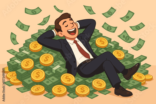 Wealthy businessman relaxing on pile of money, financial success, investment profit, FIRE, financial independence retire early, rich happy man surrounded by cash and gold coins