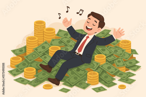 Successful businessman relaxing on pile of cash and gold coins, celebrating financial independence, investment profit, FIRE, wealth, happiness, money, rich lifestyle concept