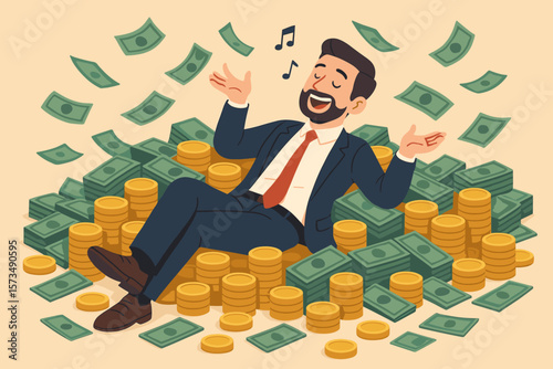 Rich successful businessman sits on a pile of money singing. Concept of financial independence and early retirement (FIRE). Happy man enjoys his wealth, investment profit, abundance.
