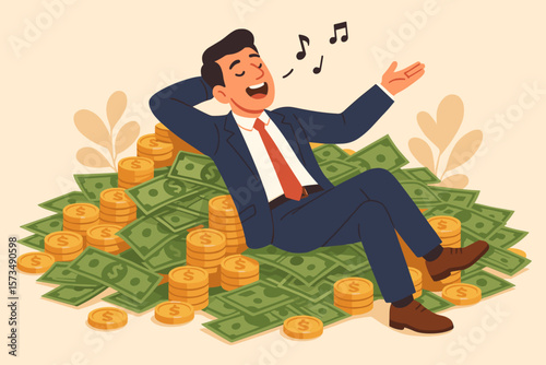 Rich happy businessman on pile of money. Success investment profit. Financial independence, retire early FIRE concept. Wealthy man singing. Millionaire lifestyle. Cash abundance.