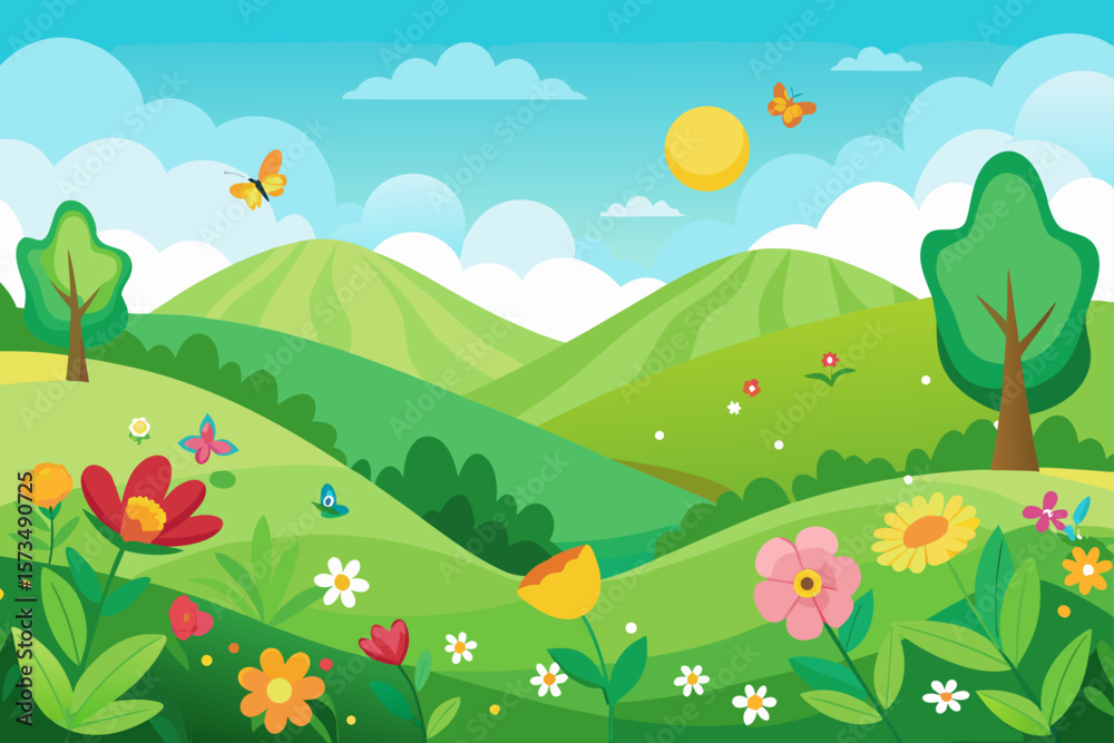 Fototapeta premium Vibrant Spring Meadow Landscape Rolling Hills, Blooming Flowers, and Butterflies