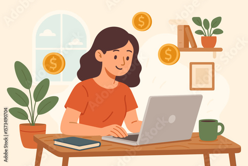 Remote work from home, self-employed freelancer or online business owner, young woman earning money online, e-commerce business, distance job, digital workspace concept
