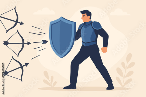 Businessman in armor holding shield defends against arrows, symbolizing protection from threats, security risks, attack prevention, insurance, safety, and business defense concept