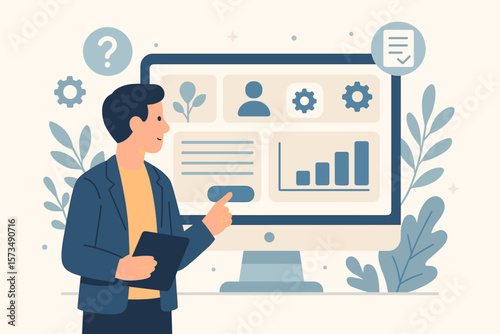 Self-service software application for user assistance, online help, resource management, automated electronic report generation, dashboard analytics, business workflow concept