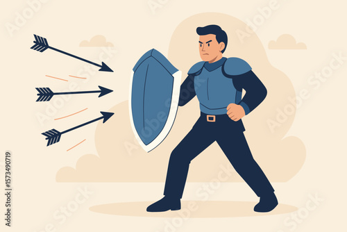 Businessman in armor holding shield defends against arrows. Security protection, risk management, insurance safety, business defense, attack prevention, safety guard concept illustration.