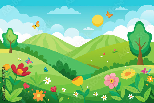 Vibrant Spring Meadow Landscape Rolling Hills, Blooming Flowers, and Butterflies