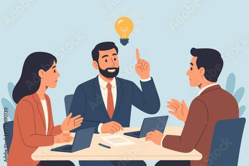 Business team brainstorming creative solutions, leader sharing ideas, teamwork discussion, problem solving, innovation, eureka moment, professional collaboration in office meeting