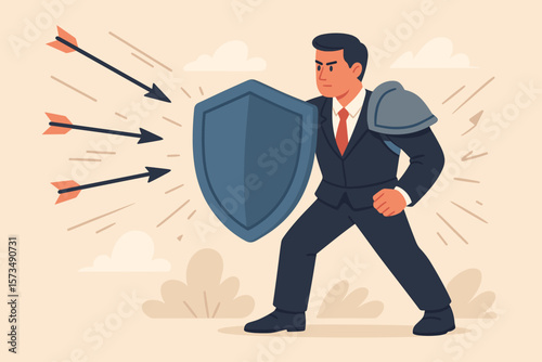 Businessman in suit and armor holding shield defending against arrows, symbolizing protection, security, risk management, insurance, safety, business defense, threat prevention concept