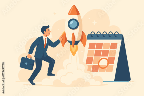 Entrepreneur launching startup business, new company or product, innovative project kickoff, businessman with briefcase, rocket takeoff, calendar planning, success concept