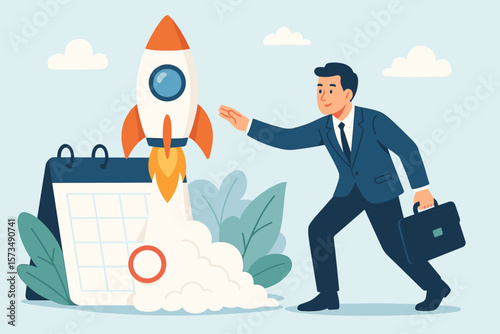 Entrepreneur Launching Startup Business, New Company or Product, Innovative Project Kickoff, Businessman with Briefcase, Rocket Takeoff, Calendar Deadline, Success Concept